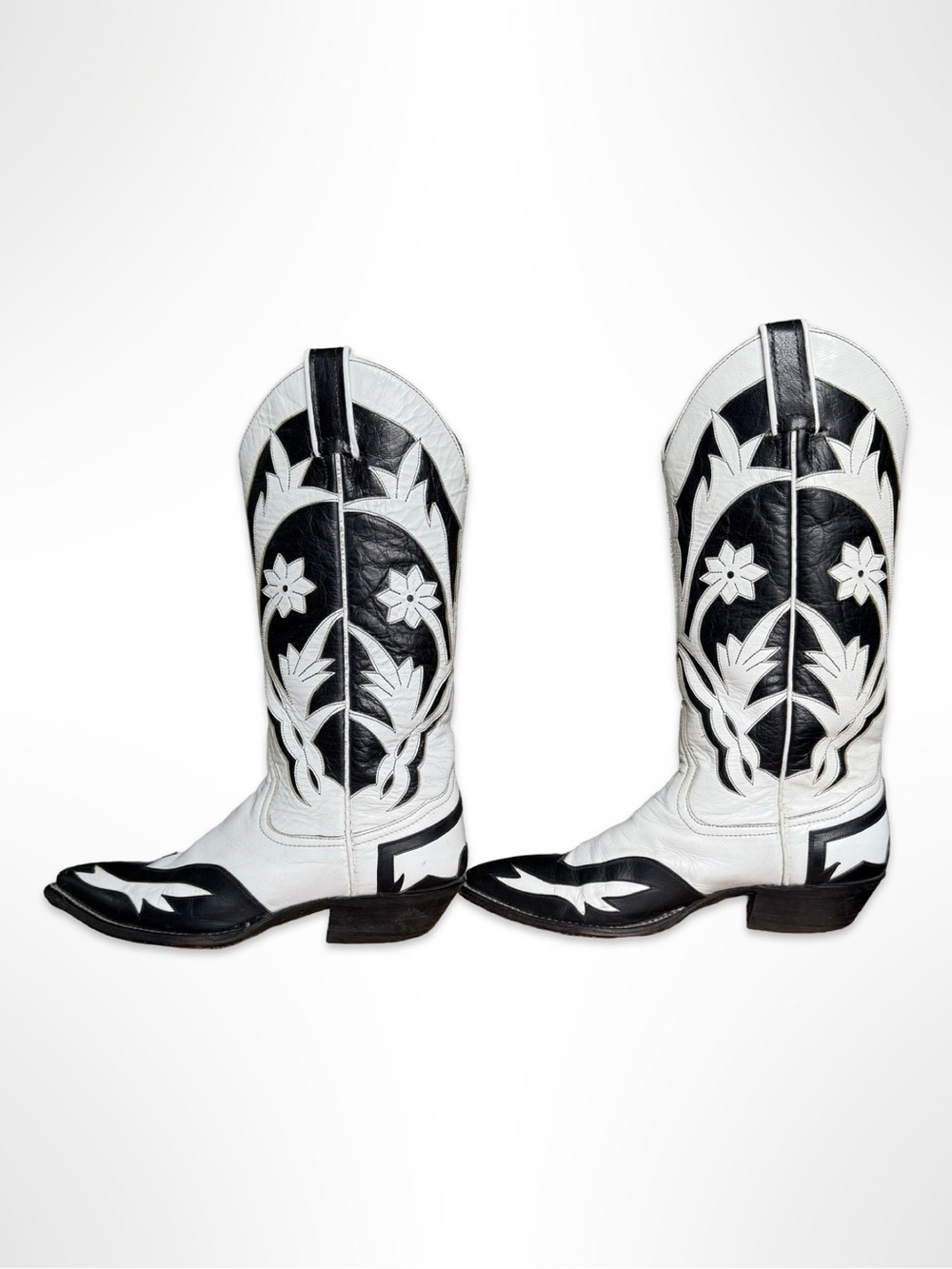 Vintage Custom El Paso Cowboy Boots Black White Floral Inlay Peewee Womens 8.5 - Picture 5 of 10